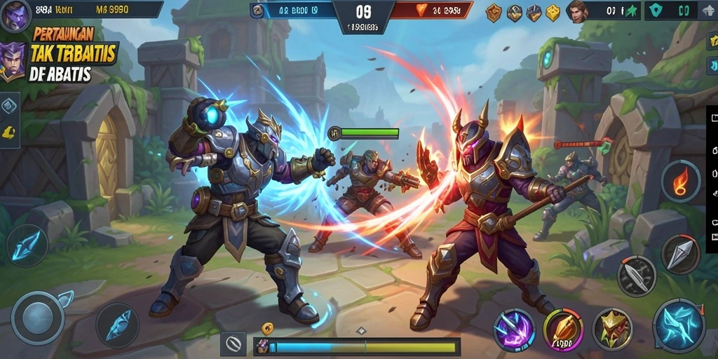 Tampilan gameplay MOBA yang intens dan mendebarkan.