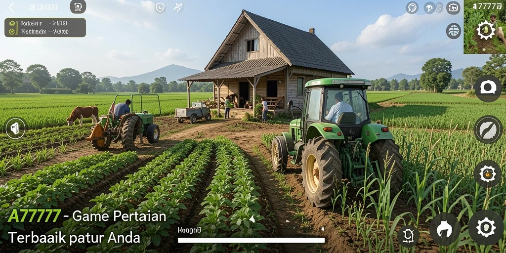 Screenshot dari gameplay A7777 yang menunjukkan kebun yang subur.