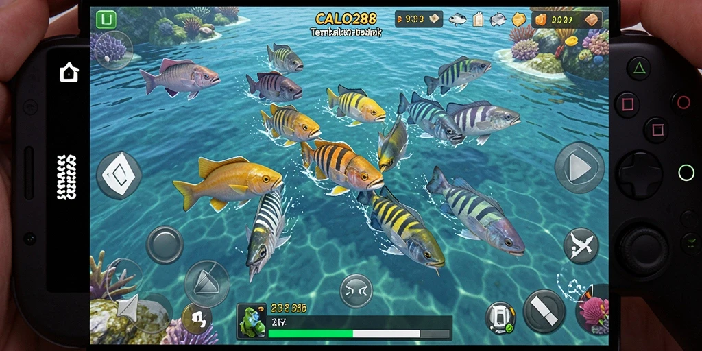 Screenshot CALO288 menampilkan aksi seru dalam berburu ikan.