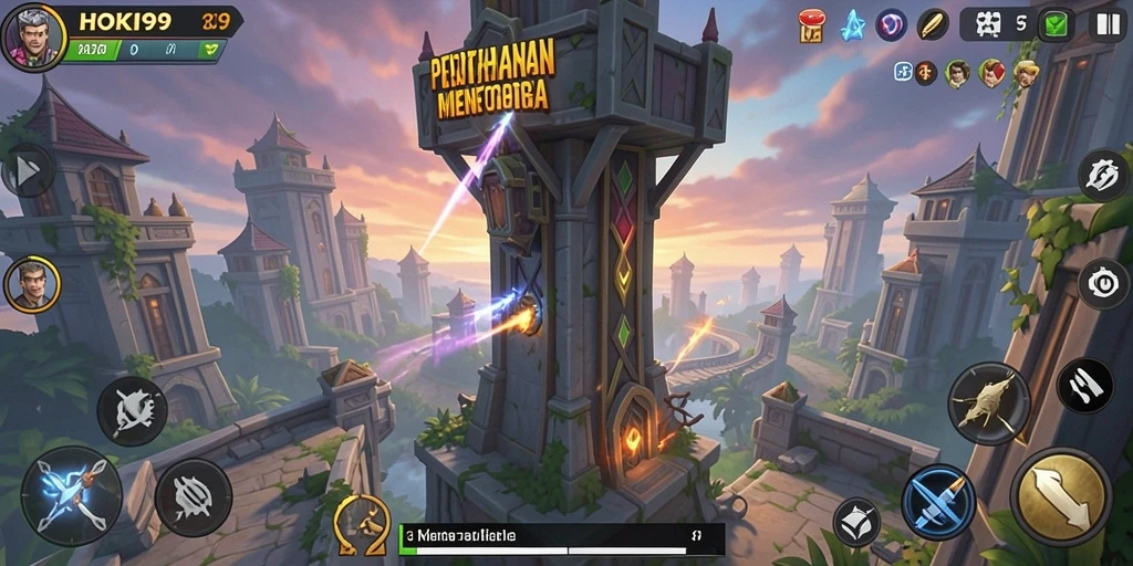 Screenshot gameplay HOKI99 dengan menara yang menghalau musuh.