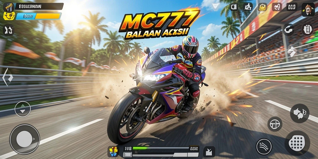 Screenshot gameplay MC777 dengan balapan motor yang mendebarkan.